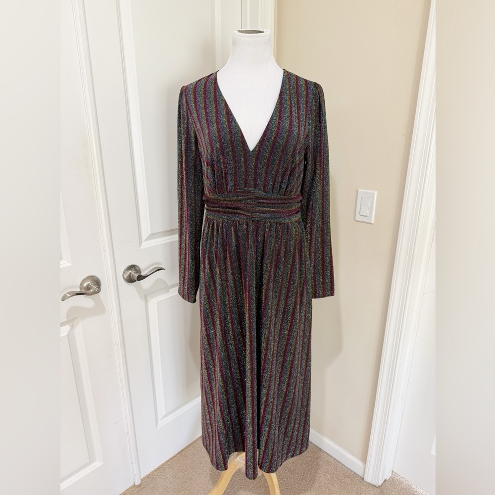 NWT Boden Metallic Burgundy Multi Stripe Long Sleeve Sweater Dress Size 10R - Picture 2 of 9